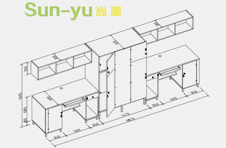 二連2人位-側梯-組合桌柜設計圖