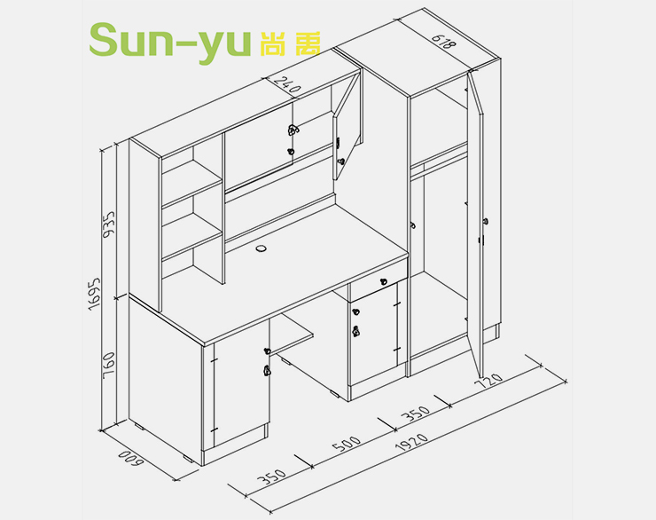 單人高架床-側梯-組合桌柜設計圖