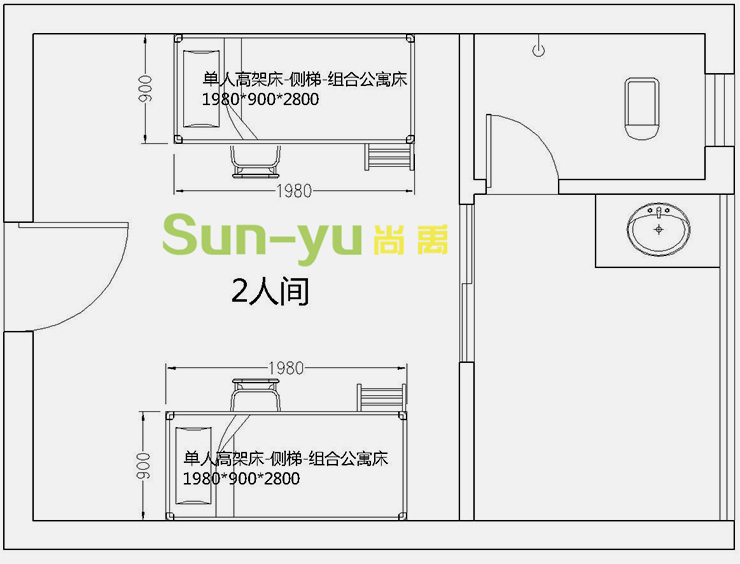 單人高架床-側梯-組合公寓床-2人間-平面布局圖