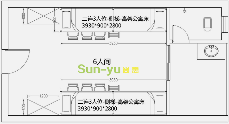 二連3人位-側梯-高架公寓床-平面布局圖