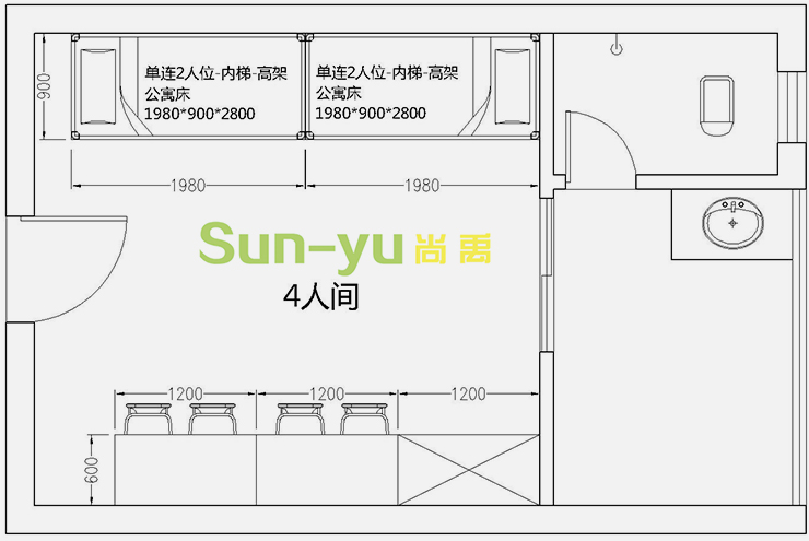 單連2人位-內梯-高架公寓床-4人間平面布局圖