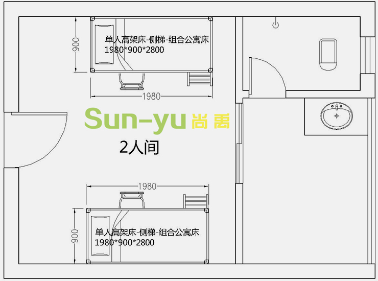 單人高架床-側梯-組合公寓床-2人間-平面布局圖