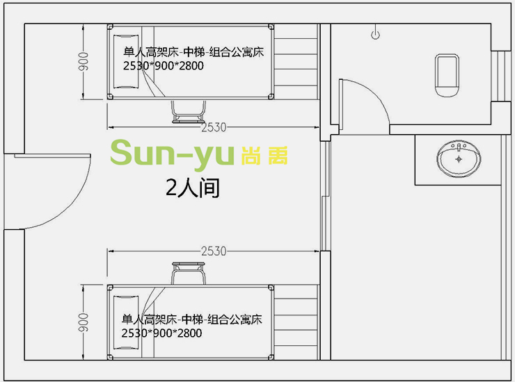 單人高架床-中梯-2人間平面布局圖