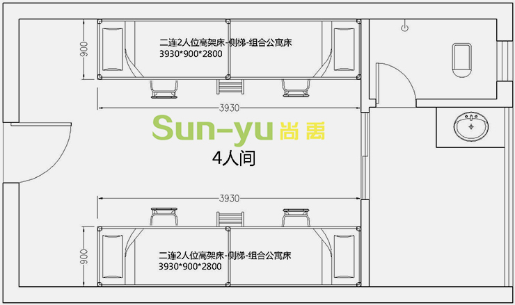 二連2人位-側梯-組合公寓床-4人間平面布局