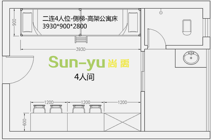 二連4人位-側梯-高架公寓床-4人間平面布局圖