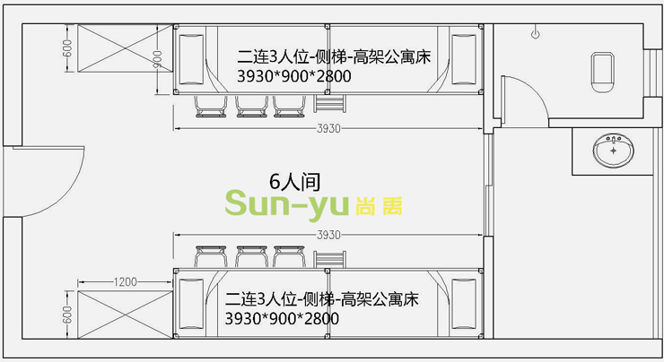 二連3人位-側梯-高架公寓床-平面圖