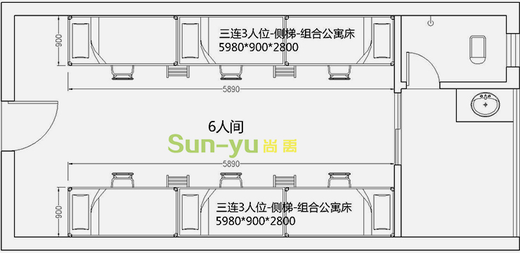 三連3人位-側梯--組合公寓床6人間平面布局圖