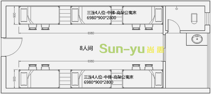 三連4人位-中梯-高架公寓床-8人間平面布局圖