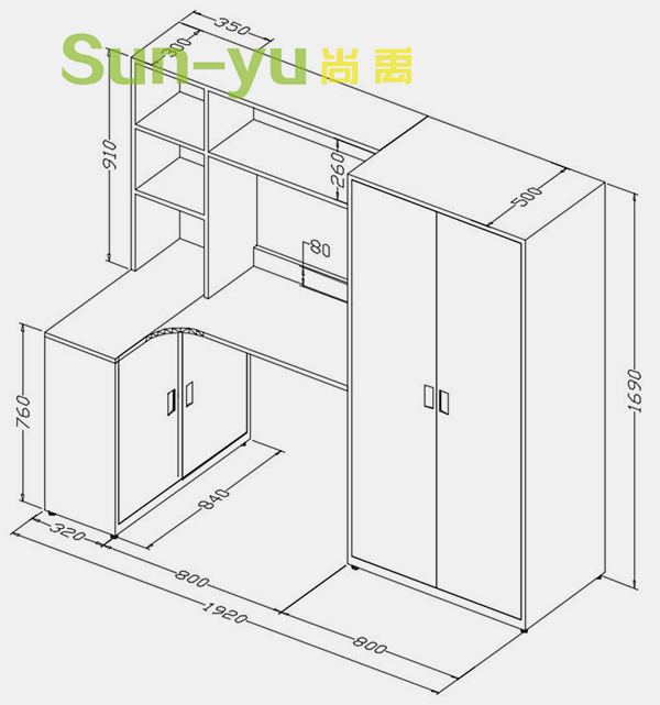 二連2人位中梯公寓床組合柜設計圖